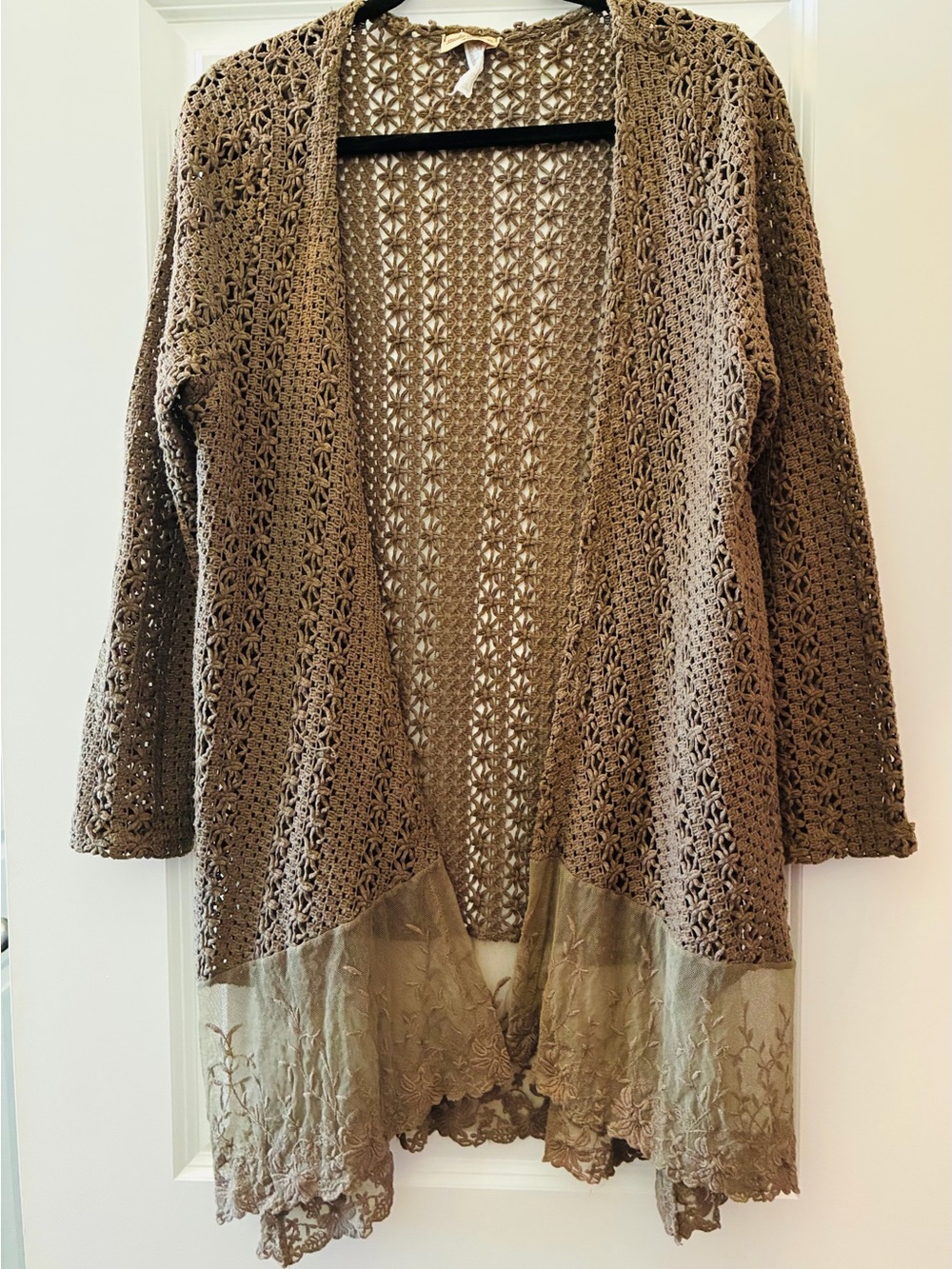 Open-Front Crochet Cardigan Sweater in Brown with Lace Hem